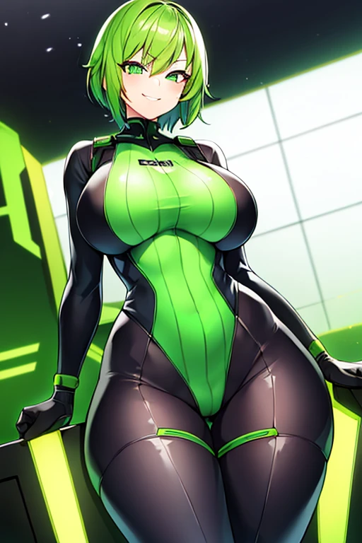 1girl, large breasts, wide hips, green hair, very short hair, short hair, green eyes, bodysuit, black bodysuit, neon trim, green neon trim, smile, smirk, smug, futuristic, science-fiction, tech, machinero, shoes, sneakers