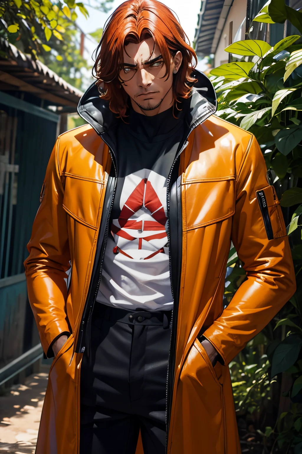 Homem,cabelos laranja claros ,de 1.70 de altura, forte ,vestindo uma jaqueta vermelha com detalhes azuis,com um fundo de natureza tudo bem detalhado e obra prima,with an angry face