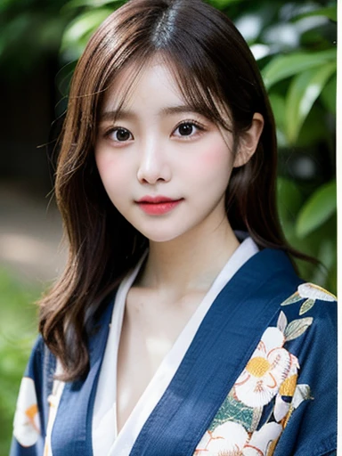 (masterpiece, best quality, photo realistic, official art:1.4), (UHD, 8K quality wallpaper, High resolution, raw photo, film grain:1.2), (shiny skin), professional lighting, physically-based rendering, Award-winning, highly detailed skin, (extremely detailed face and eyes, clear pupils), Carl Zeiss 85 mm F/1.4, depth of field, BREAK, 1girl, solo, kawaii 24-year-old Korean girl, (Nogizaka idol:0.7), (Korean idol:0.9), (glossy brown hair, fluffy medium hair, forehead:1.3), rounded face, single eyelid, (soft smiling, closed mouth:1.3), (wearing kimono, blue concept, red floral patterns:1.3), (track pants:0.7), (breasts emphasized, well shaped medium breasts), (looking at viewer), BREAK, at a garden in a school, summer daytime, warm sunlight, (seductive posing, dynamic angle:1.3), breasts focus, upper body shot,