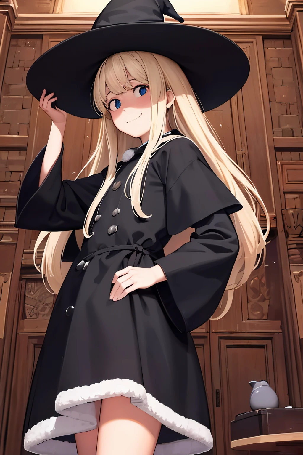 ((Masterpiece)), (RAW photo: 1.2), (Professional Photography:1.2), (High Definition:1.3), from below, (takamichi style), , ((the witch)), smile, fluffy hair, long beige hair, ((the witch)), (fluffy hair), Ivory long hair, Witch robe and fluffy skirt, ((cute standing)), (Beautiful Black Witch Hat), Holding a magic wand with both hands, kawaii, (in the old library room), Do not look at the viewer