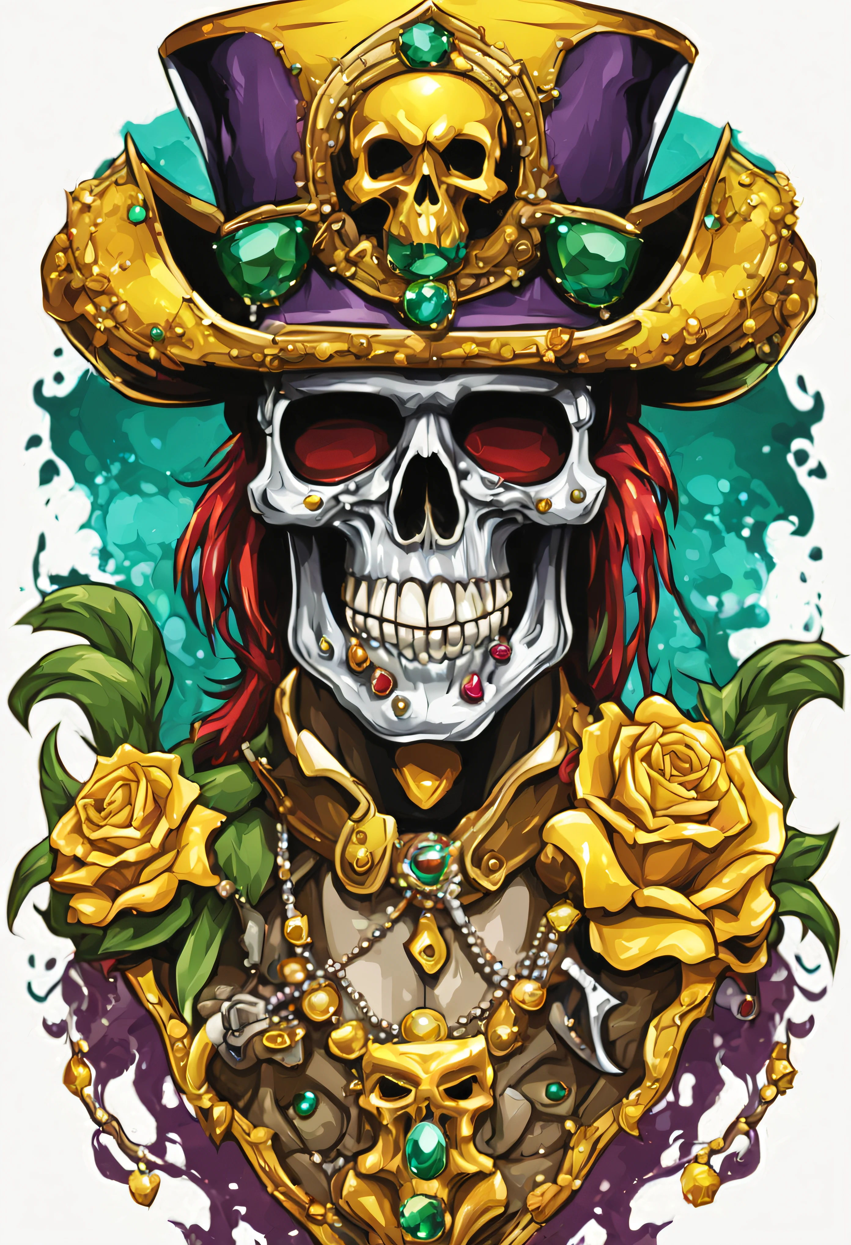 T-shirt art vector ready to print colorful graffiti illustration of masquerade party yellow pirate skull and hat  web decorated with jewels of precious rubies and emeralds and skeleton beard decorated with yellow diamonds, teeth of beautiful stone jewelry, front perspective, action shot, vibrant color And welding, high detail, white background