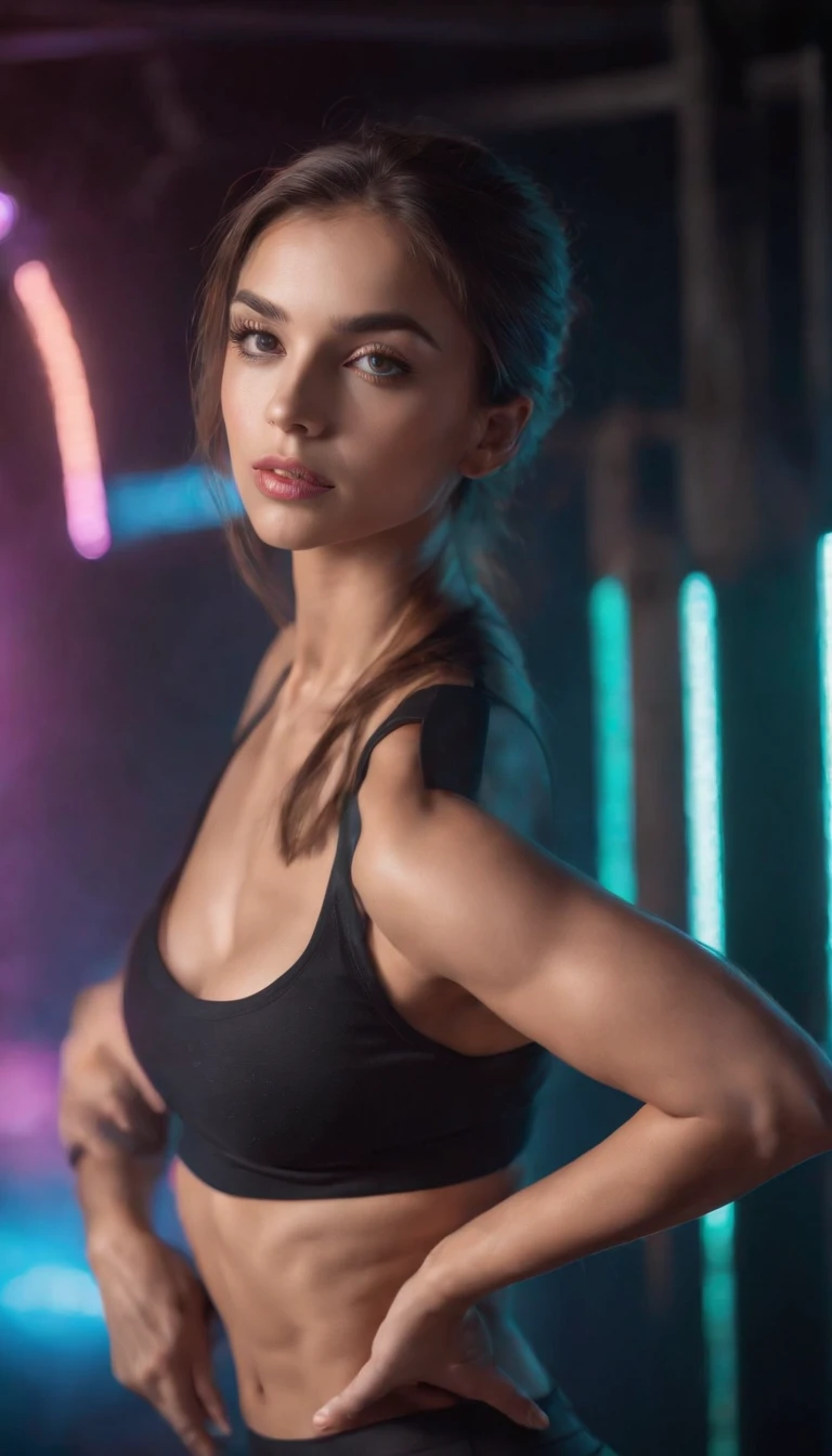 (best quality,4k,8k,highres,masterpiece:1.2),ultra-detailed,(realistic,photorealistic,photo-realistic:1.37),a girl working out with aesthetic lights,beautiful detailed eyes,beautiful detailed lips,extremely detailed face and muscles,fit and determined girl,heavyweights and dumbbells,gym fashion,energetic and vibrant atmosphere,girl wearing stylish workout clothes,glimmering neon lights,techno music playing in the background,smoke and fog effects,striking colorful lighting,sparkling disco-inspired lighting,shadows and highlights accentuating muscles and curves,energetic poses and movements,exciting and dynamic camera angles,stunning contrast between dark and colorful tones,dramatic and empowering atmosphere,impressive sense of agility and strength,flawless skin and long eyelashes,intense focus and determination,girl's body glistening with sweat,reflection of lights on the girl's toned muscles.