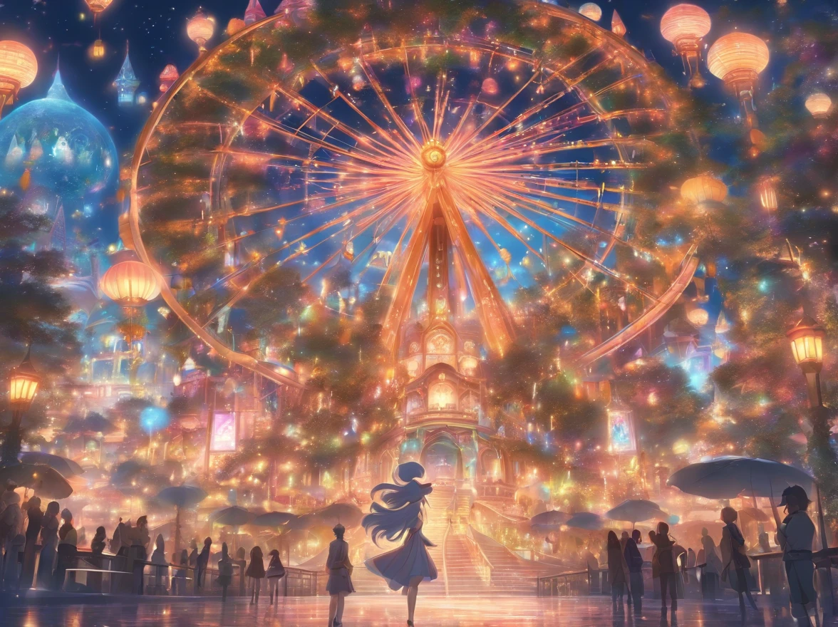 theme park pictures:landscapes, dreamy theme, dreamy and detailed, shining snow, magical lights, Cinderella's Castle,the Ferris wheel,clock tower,Beautiful fece, illuminations, dreamy illustration,stele,云,a moon, Midnight theme,optic, Vibrant colors, Intricate details. Highly detailed, Dynamic Pose, Complex motifs, Organic Tracery,Digital Painting, art stations, Concept art, Smooth, Shiny Aura, Illustration, 8K, Best Quality, awardwinning, Anatomically correct, hight resolution, masutepiece
