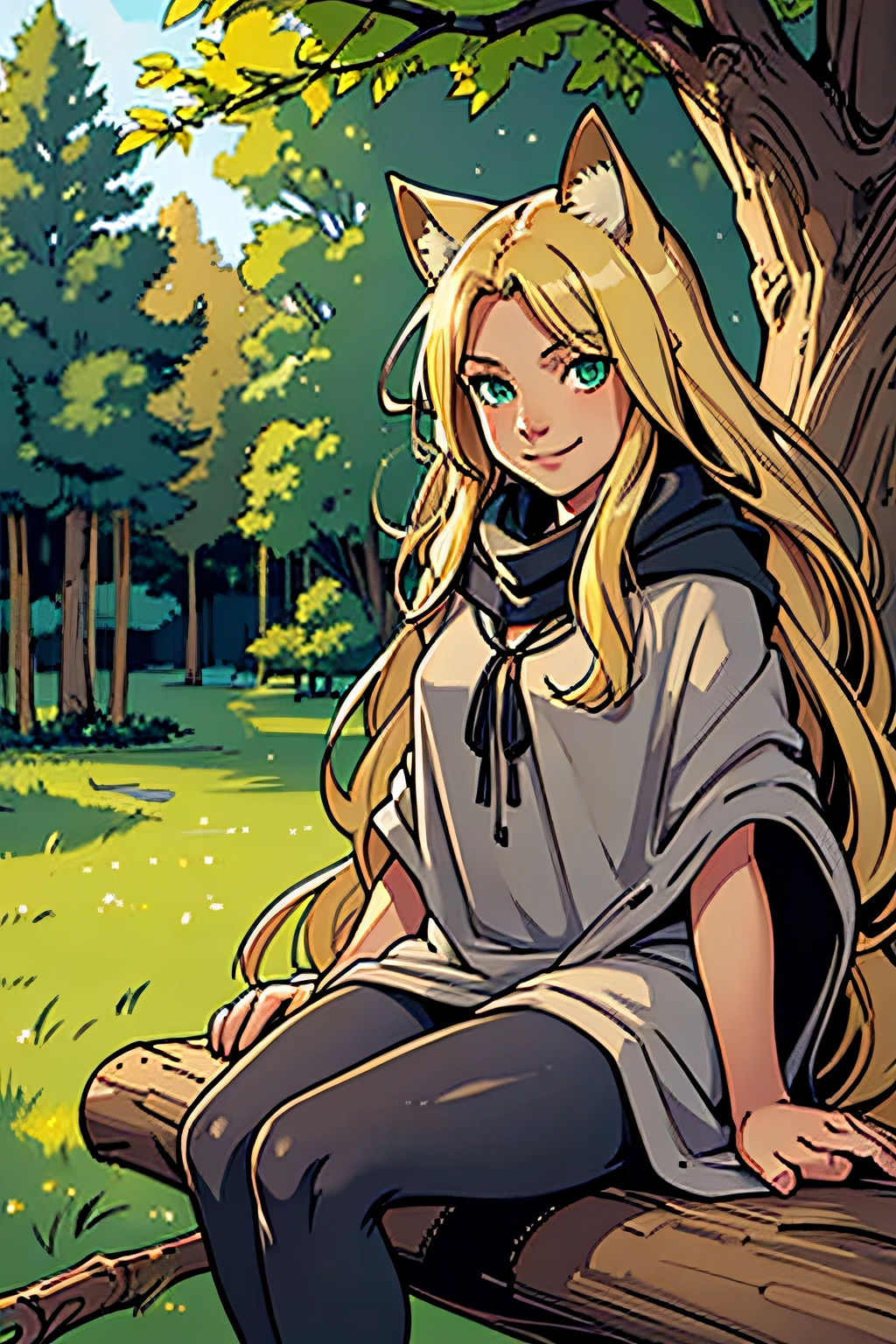 14 years old, girl, long blonde hair, flowing blonde hair, cat ears, green eyes, loose and grey poncho, black leggings, smiling sweetly, masterpiece, high quality. Sitting on a tree branch.