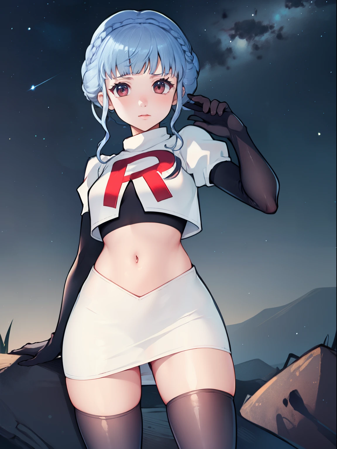 marianne von edmund, team rocket uniform, red letter R, white skirt,white crop top,black thigh-high boots, black elbow gloves, looking at viewer, cowboy shot, sexy pose, night sky background