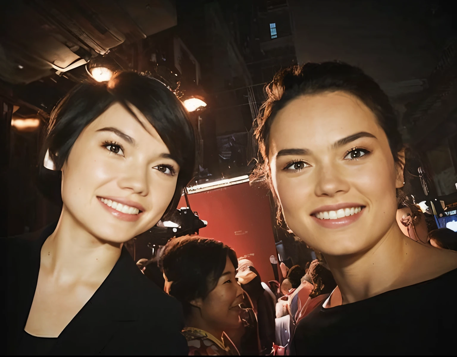 (Best quality, 8k, 32k, Masterpiece, UHD:1.2) "Generate an art scene featuring a well-known celebrity "Daisy Ridley" posing with a Japanese fan for a selfie. Show the celebrity and the fan in a joyful and friendly interaction, capturing a candid moment of connection and excitement. Portray the celebrity with their recognizable features and the fan displaying enthusiasm and admiration. Ensure the setting reflects a casual yet vibrant environment, possibly with hints of a crowded event or a bustling backdrop that complements the celebratory atmosphere. Emphasize the genuine and happy expressions of both the celebrity and the fan, creating a heartwarming scene of connection and fandom."