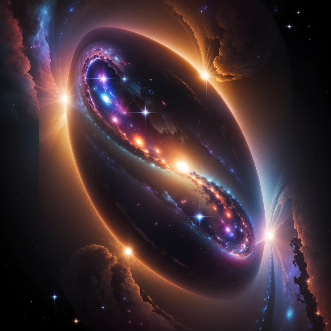 cosmic landscape, Hundreds of people seeing 2 galaxies in the sky merging, ultrarrealista, cosmic dust