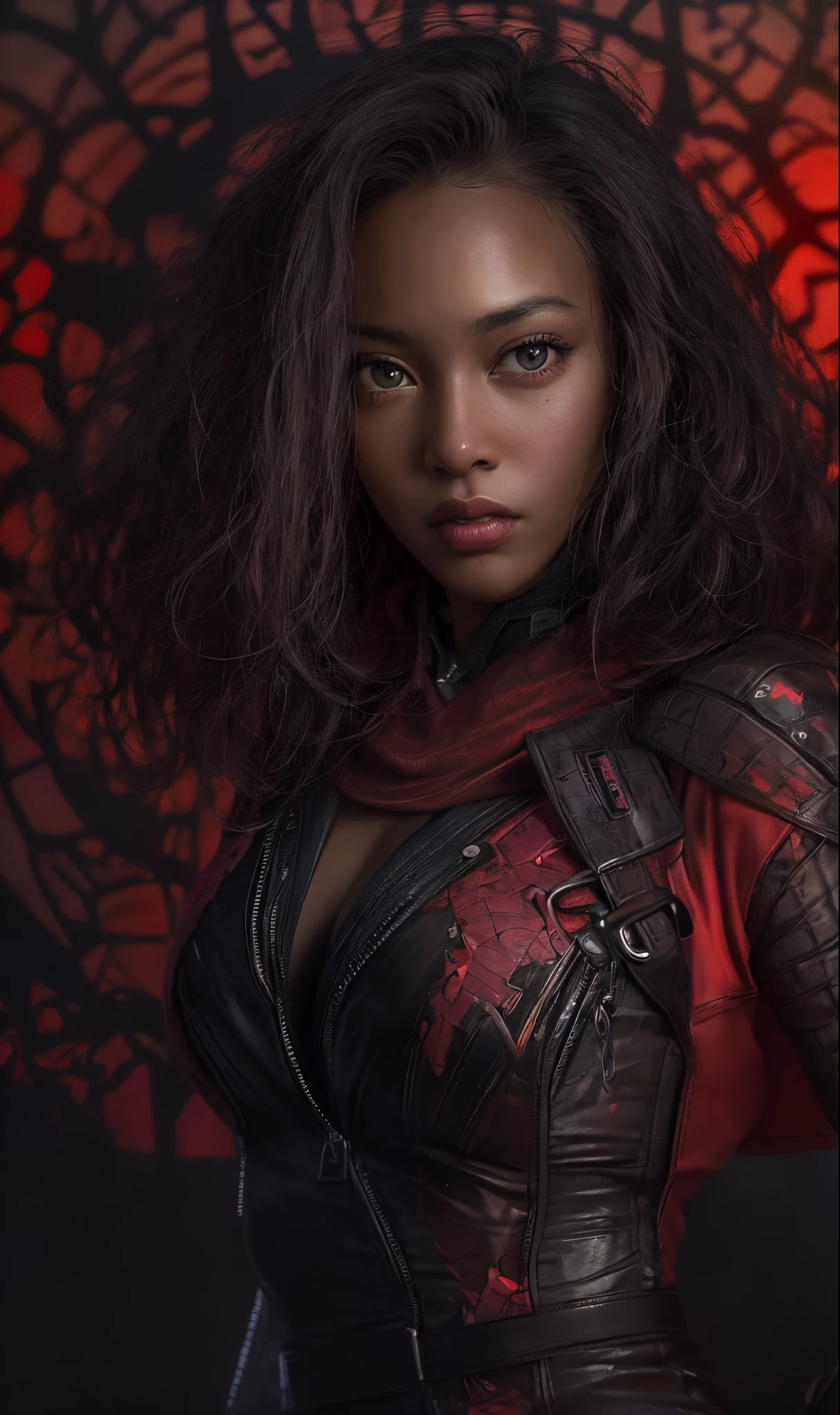 (best quality,8k,ultra-detailed,realistic), extremely detailed photo of a (((20 year old))), black girl, scarlet witch, wearing black lace leotard, open leather jacket, black pantyhose, model photoshoot, photography, studio lighting, professional, vivid colors