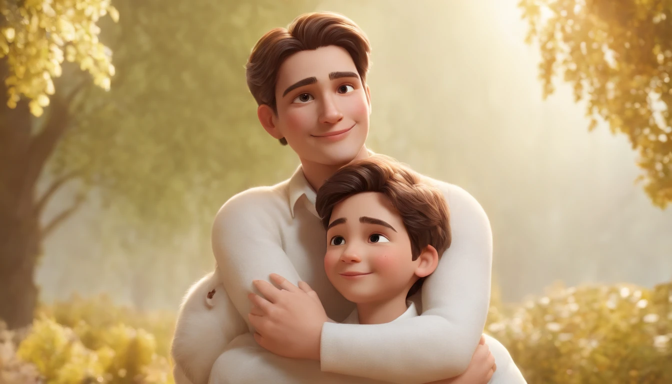 a cartoon of biblical dressed teenage boy happily hugging his father in heaven, a very beautiful place in heaven, beautiful tress, lions and tigers, animated film, 3 d animated movie, animated still, animated movie,  3D, 3D, 3d rendering stylized, 3 d character render, (best quality) (8k) (Cinematic lighting)