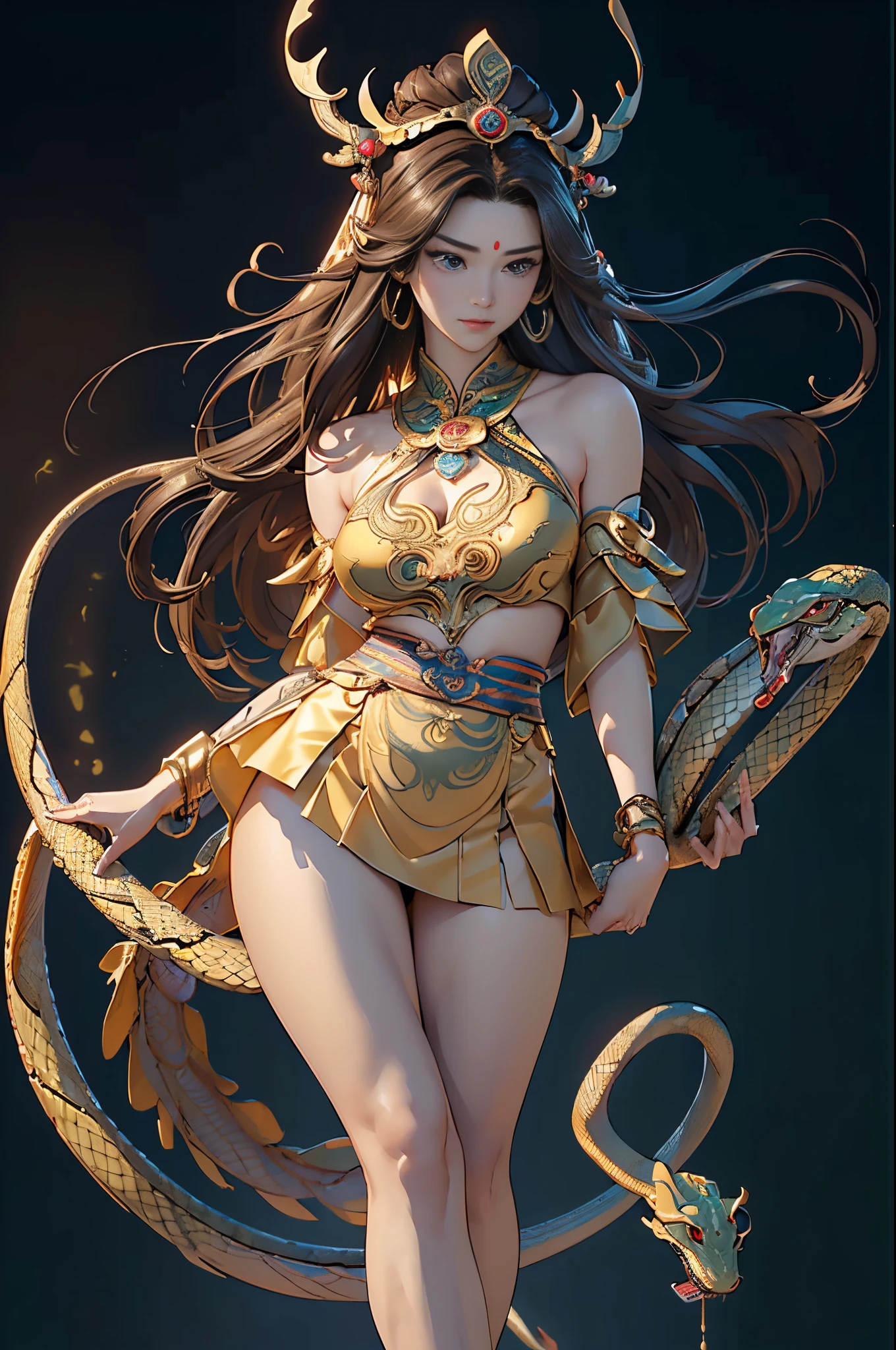 ((Sculpture design))，((full body portrait of person))，((undying))，((tmasterpiece))，(entire body image:1.6，Full body photo:1.6，From the feet to the top of the head:1.6)，【Create a logo based on：1female，Nu wa(goddess with human body and snake tail:1.6)，(Replace legs with snake tails:1.6)，(Chinese mythology)，(45 yers old，A MILF，熟妇，mature，gentleness，wisdom，Goddess wind)，(gentleness)，(maternal)，(mature)，(Perfect woman)，(Long brown hair:1.4)，big earrings，graceful stance，Dunhuang clothes，Dunhuang skirt，((intricate headpiece))，((symbol of god))】，（(Fluttering skirt)），(Computer graphic arts:1.4)， (s fractal art: 1.3)，(( Best quality at best，32K，Highest high resolution，hyper HD，))， (( Professional Quality，Perfect photography， ray traycing， perfect volumetric lighting， hight quality octane render， High quality vectors))， ((Complicated details，hyper-detailing:1.2，Intricate details:1.2))， ((Ultra photo realsisim，photorealestic，3Drenderingof))，(Epic work:1.4，ultra-realistic realism:1.6)，(Blind box toy style：1.6)，((simple backgound，deep dark background:1.2，with black background))，详细的脸, 詳細な目，Clean skin，（correct hand：1.6），（Complete and beautiful five fingers：1.6），（Anatomically correct head-to-body proportions:1.5），(Anatomically correct perspective and occlusion：1.5)，（Correct ???????：1.5），(Add a base:1.6)，(Complex thick base:1.6)，(2-layer base:1.6)，((Rock base:1.4))，((Less skin exposure))，(The character is centered:1.4)，((in the middle of the frame))，((wide angles))，