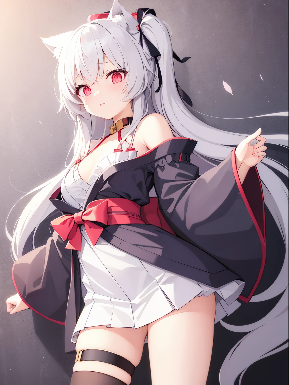 Cute Anime girl with *(white long hair),* (with cat ear shaped hair ties), (2 long ponytails from both sides of the hair, 2 red ribbons tied on the hair with 4 pointed star each), beautiful red eyes, very wide sleeves and a very short skirt, white underlayer and cute red obi shaped like a ribbon and a golden decorative obi string, a long frilly sock on (only one leg), (cute dark blue kimono, (gold collar), [(white long hair)], loose kimono, wall background, worried face, very short skirt that her whole thighs are exposed, no underwear, slight NSFW