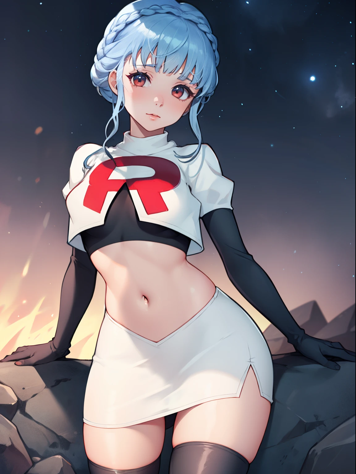 marianne von edmund, team rocket uniform, red letter R, white skirt,white crop top,black thigh-high boots, black elbow gloves, looking at viewer, cowboy shot, sexy pose, night sky background