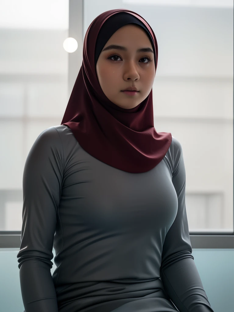 HIJAB MALAY GIRL, masutepiece, High quality, UHD 32K, Realistic face, Realistic skin feeling , A Japanese Lady, 8 years old, Little Girl, Very cute and baby-like face, Women's Competition One-Piece Swimsuit, Sitting, itting open legs, Spread Leg, (((facials))), (((Sadness))), (((flat chest))),