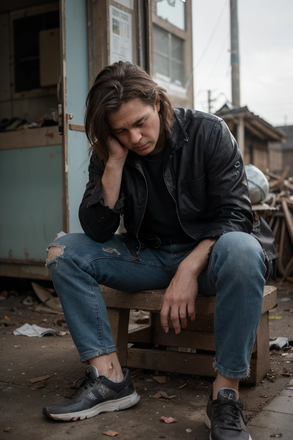(8k, RAW photo, best quality, masterpiece:1.2), (realistic, photo-realistic:1.37), a sad man is sitting on a chair that is damaged, the man is wearing torn clothes, his shoes are dirty and his hair is in disarray, there is dirt and ruins around him, the photo is in new cold colors, the weather is bad and the atmosphere is unpleasant..