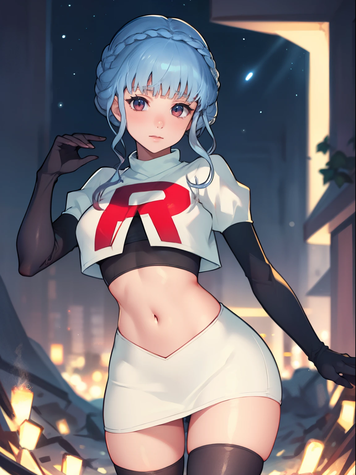 marianne von edmund, team rocket uniform, red letter R, white skirt,white crop top,black thigh-high boots, black elbow gloves, looking at viewer, cowboy shot, sexy pose, night sky background