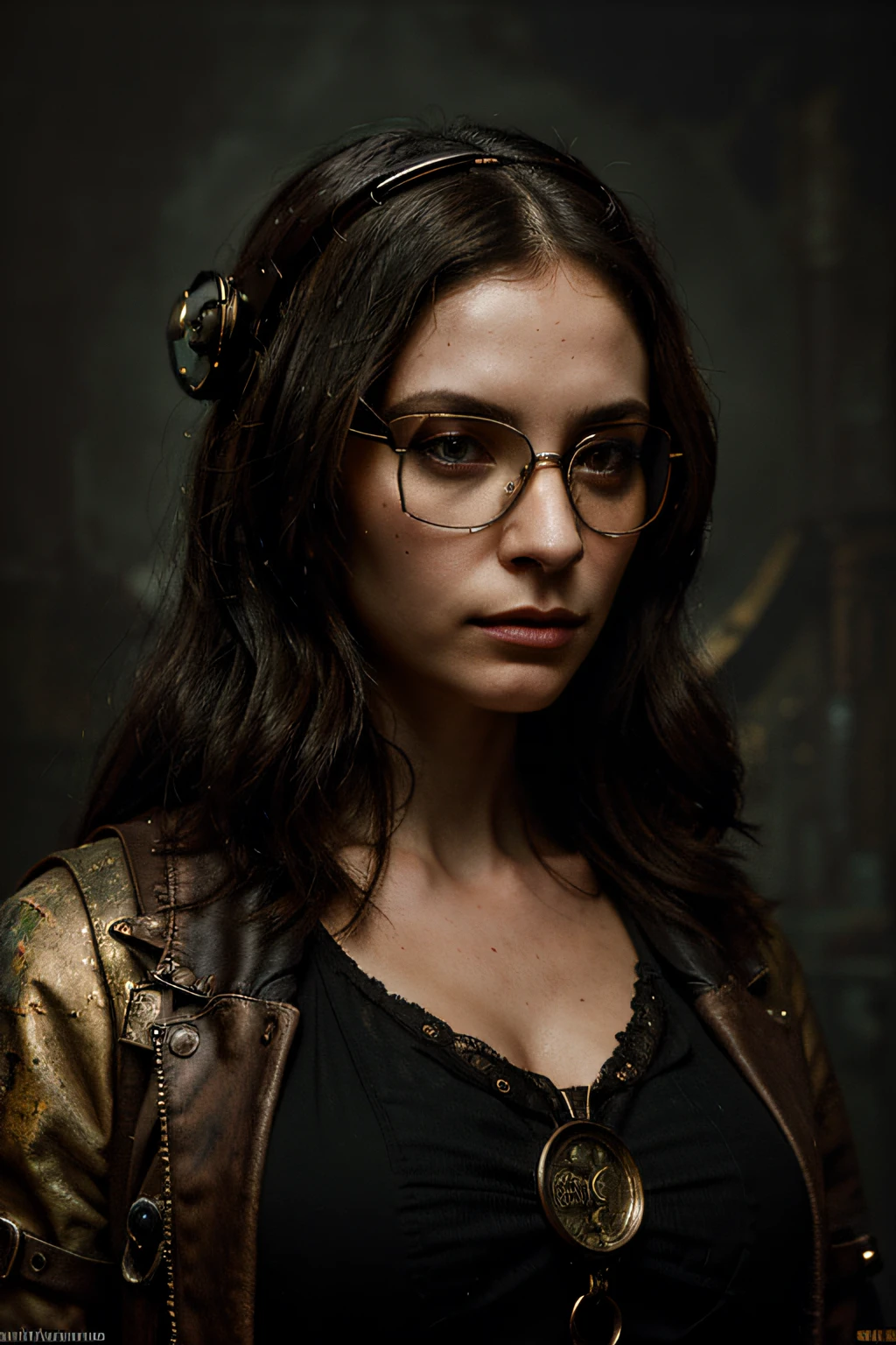 La gioconda, dressed in steampunk style, ciberpunk, glasses on her head, stands tall on a dark grunge background, high detail, Dark atmosphere, painting, Hyperreal photo of, cinematic quality, high detail