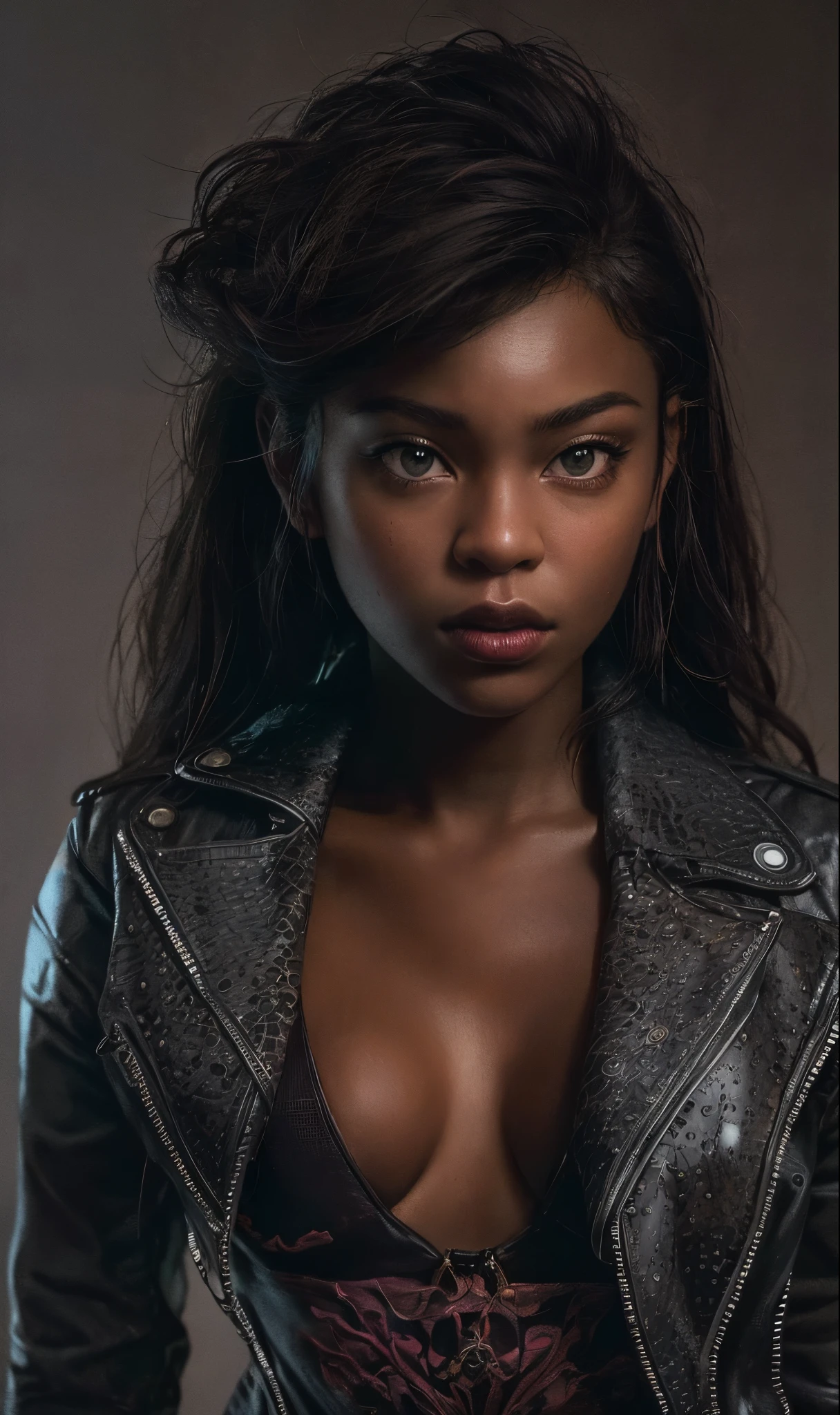 (best quality,8k,ultra-detailed,realistic), extremely detailed photo of a (((20 year old))), black girl, scarlet witch, wearing black lace leotard, open leather jacket, black pantyhose, model photoshoot, photography, studio lighting, professional, vivid colors