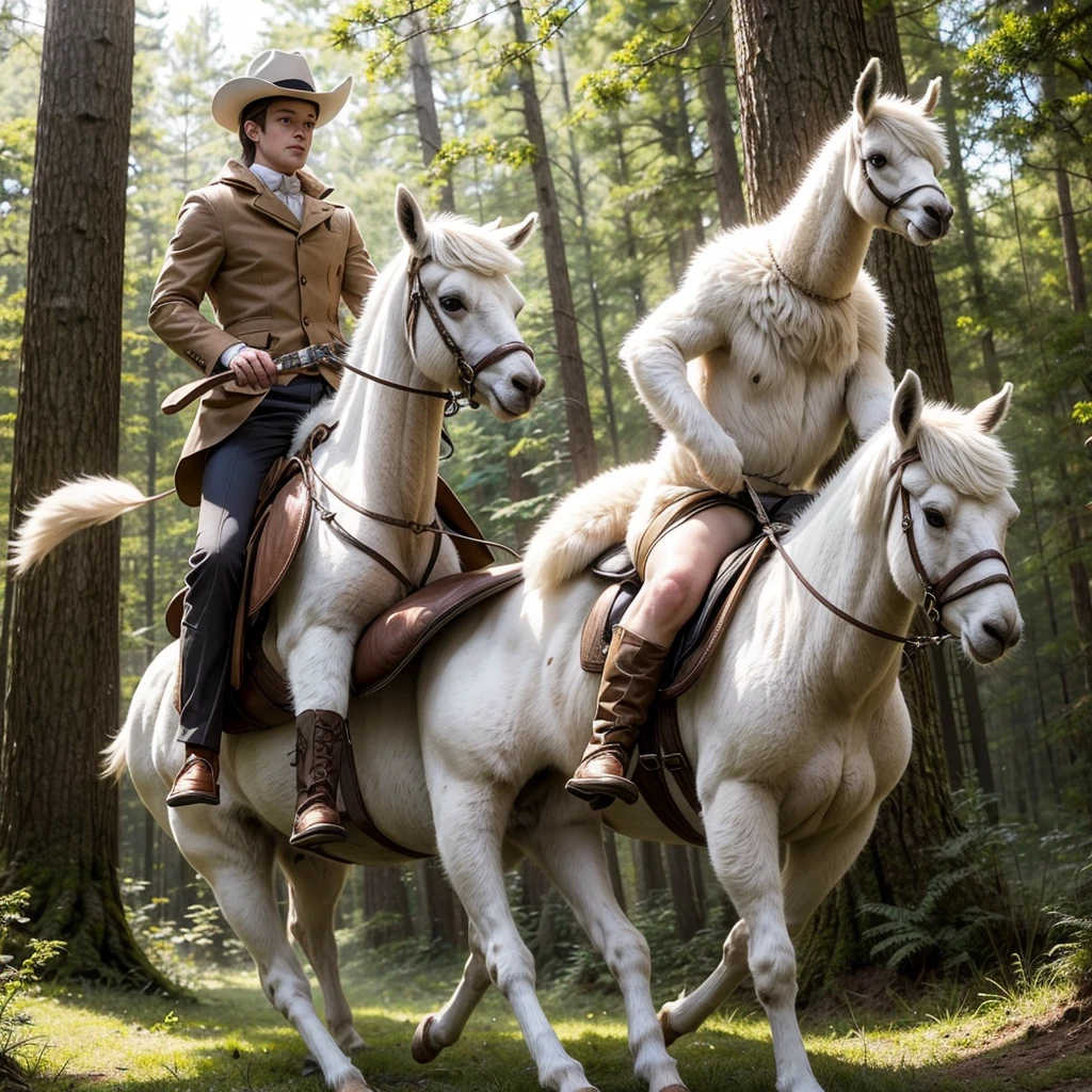 White alpaca running through the forest. Mighty legs are visible. Alpaca has a cool hat. Sitting on horseback. Young man is riding the and his legs are attached to a bear. A man holds on to a alpaca's neck with one hand. Lens flare.