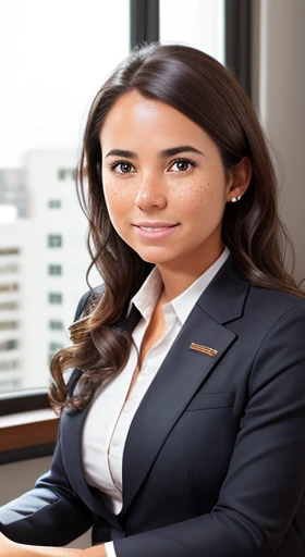 1girl. Tan skin, freckles on nose, freckles on cheeks, dark brown hair, wavy hair, pregnant, business clothing, sitting at desk, full body, wide angle,