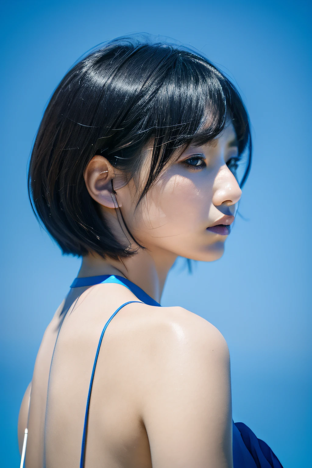 asterpiece, Best Quality, 1girl in, Profile face, a stunning face, Blue background, Blurry, blown eyes, Short hair, Upper body,Transparency,Elegant,Double eyelids