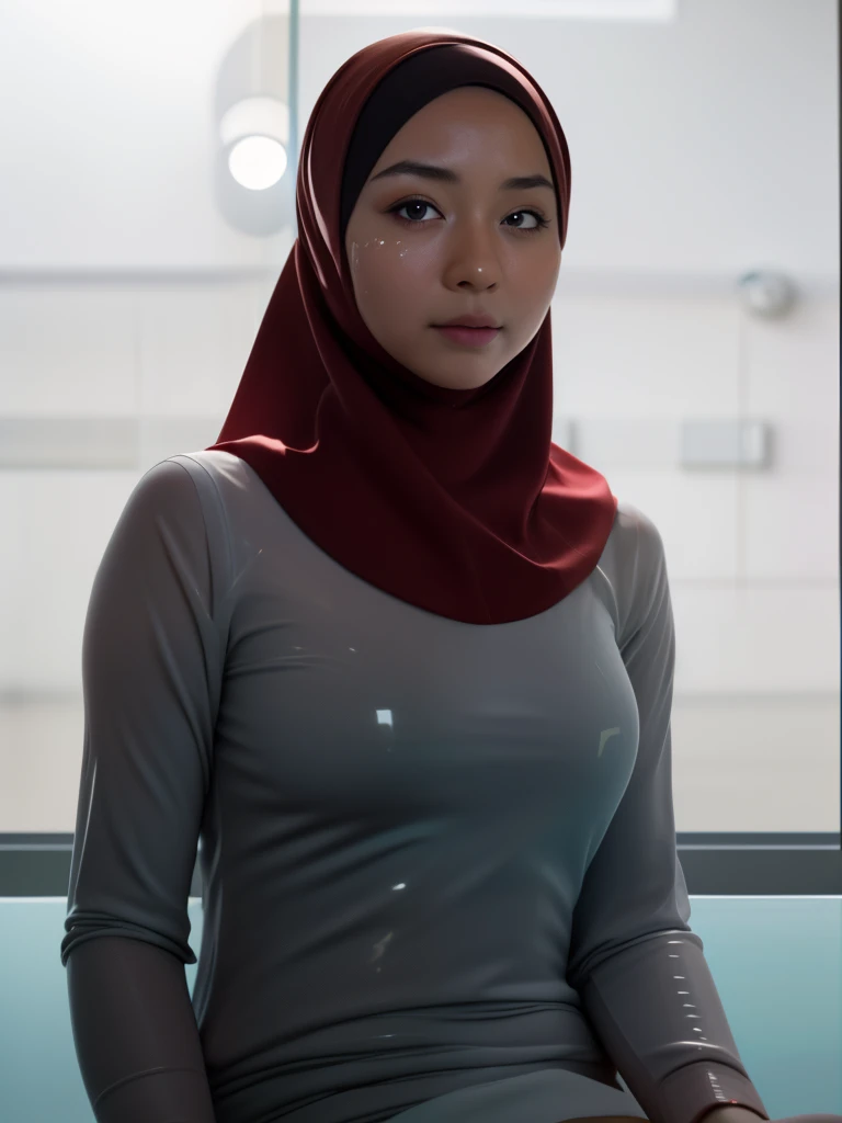 HIJAB MALAY GIRL, masutepiece, High quality, UHD 32K, Realistic face, Realistic skin feeling , A Japanese Lady, 8 , Little Gite and baby-like face, Women's Competition One-Piece Swimsuit, Sitting, itting open legs, Spread Leg, (((facials))), (((Sadness))), (((flat chest))),