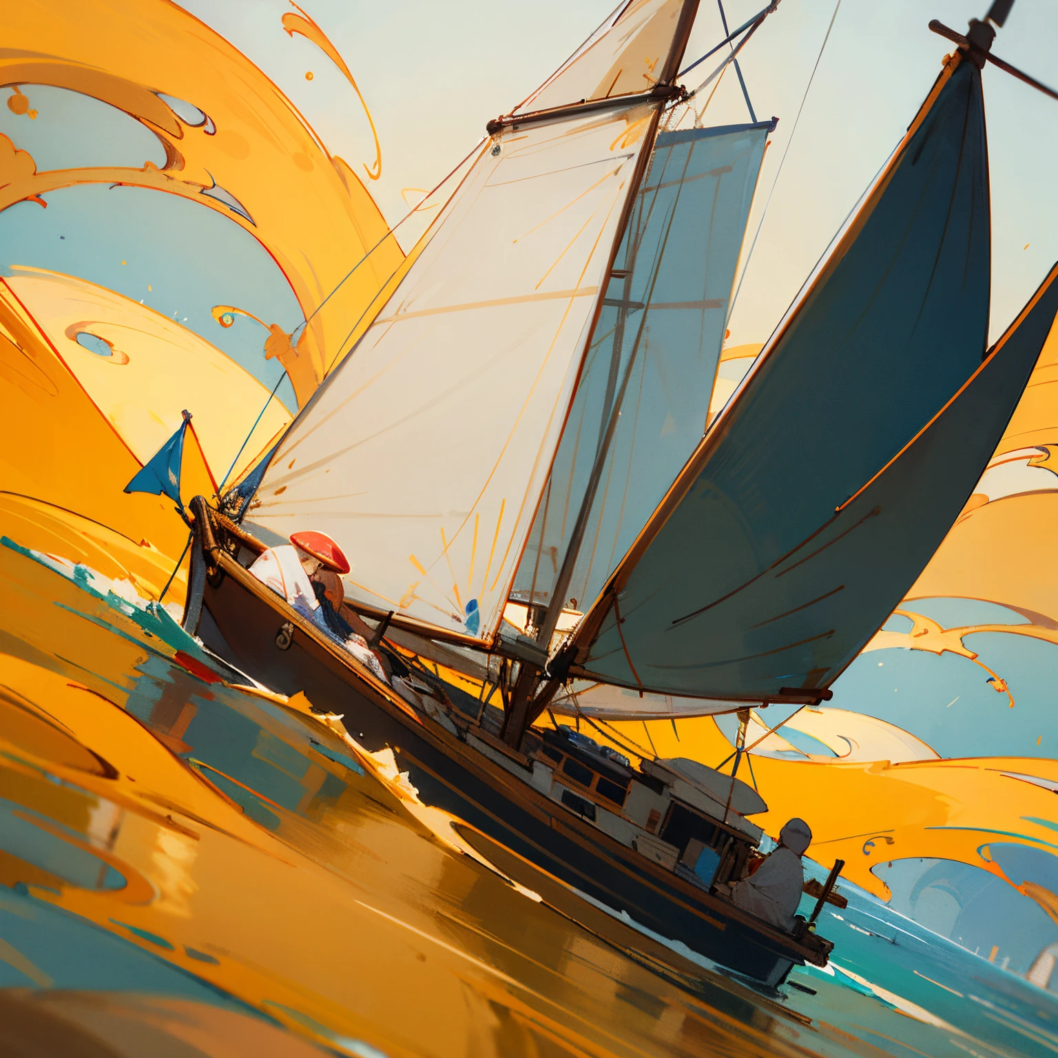 Here's the picture: A sailboat sailing on golden waters, while a sound technician works on a mushroom blog. Ao fundo, there is a floating icosahedron. Next to him, a master holds a pin and measures the distance with a fathom.