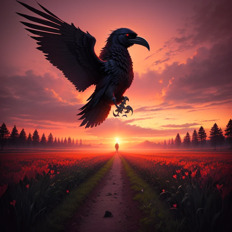 Dark gothic style field with hearts and swords red sky and ravens