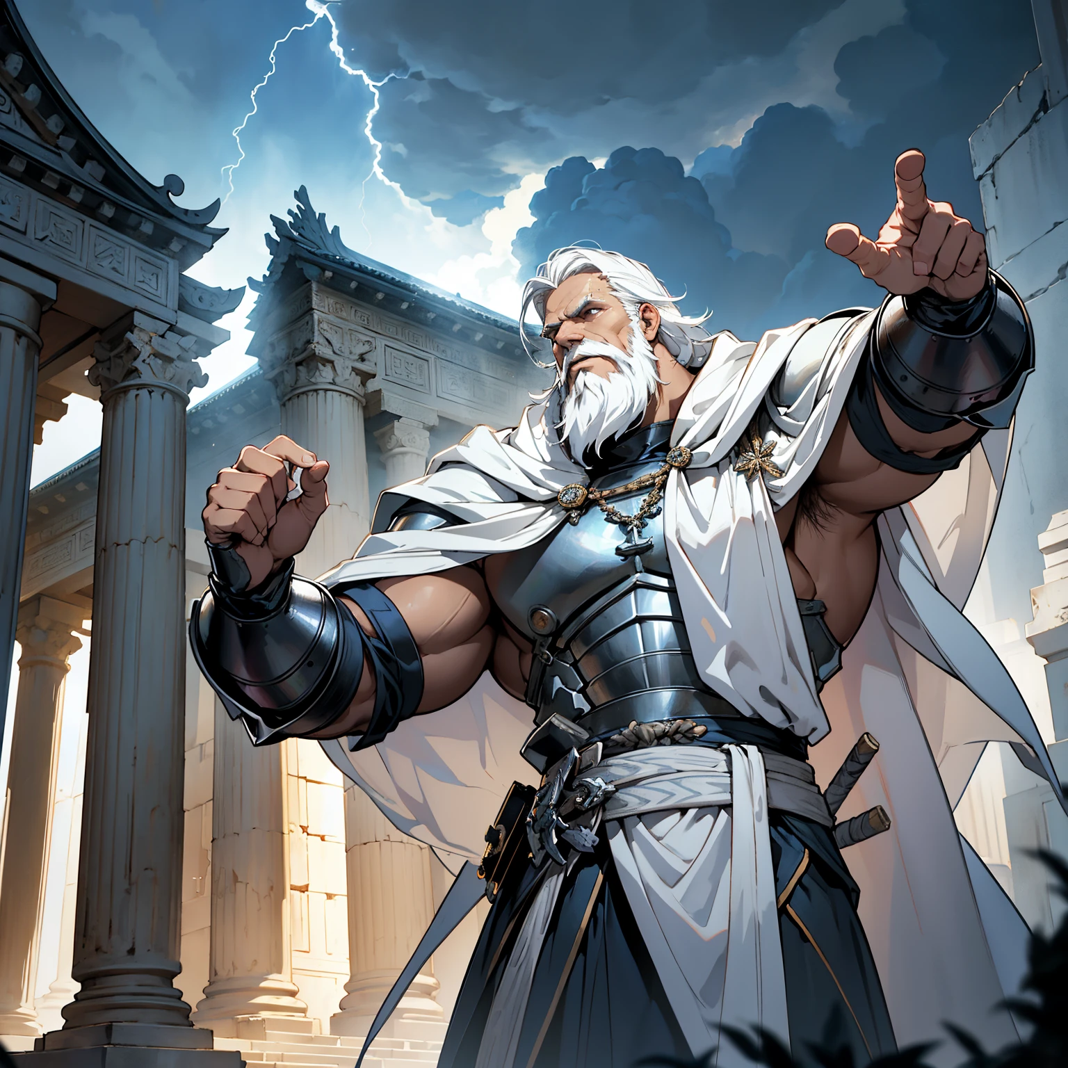 masterpiece, 4K, A large elderly knight wearing full steel armor,White cloak, neat white hair,Nice beard,royal house, safe, thunderstorm, raiden, Background with: Temple of Zeus struck by lightning