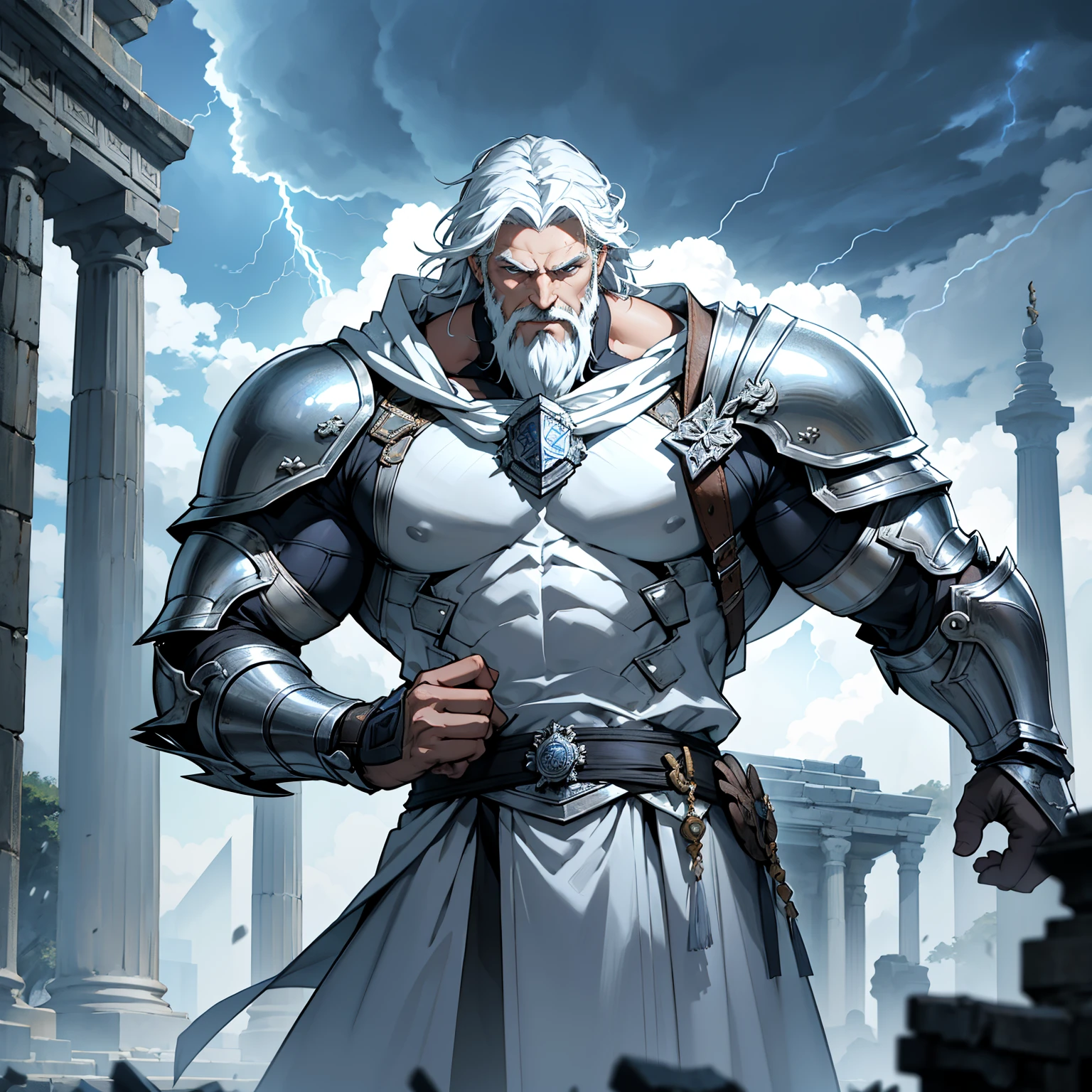 masterpiece, 4K, A large elderly knight wearing full steel armor,White cloak, neat white hair,Nice beard,royal house, safe, thunderstorm, raiden, Background with: Temple of Zeus struck by lightning