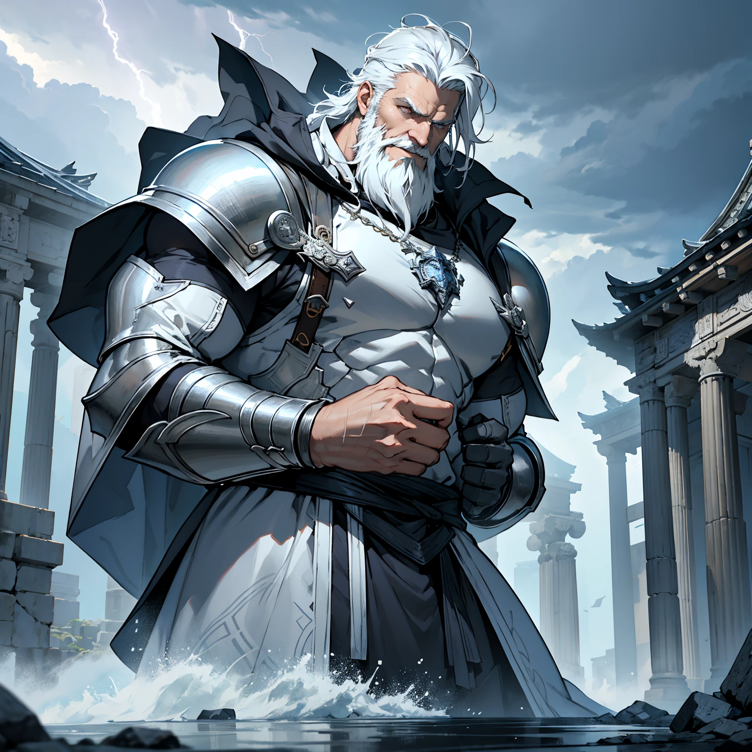 masterpiece, 4K, A large elderly knight wearing full steel armor,White cloak, neat white hair,Nice beard,royal house, safe, thunderstorm, raiden, Background with: Temple of Zeus struck by lightning