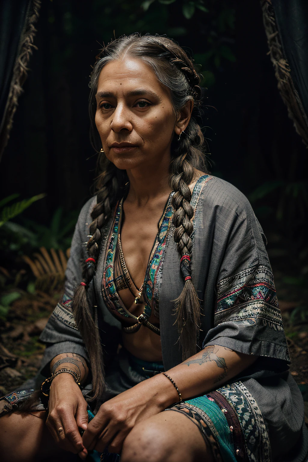 Elderly North Indian woman., long gray hair, braided in two pigtails, dressed in ethnic style, Lots of ethnic jewelry, ethnic tattoos on her body, sits against the backdrop of the night forest and smokes a pipe, high detail, Dark atmosphere, Cinematography, Hyperreal photo of, cinematic quality, high detail