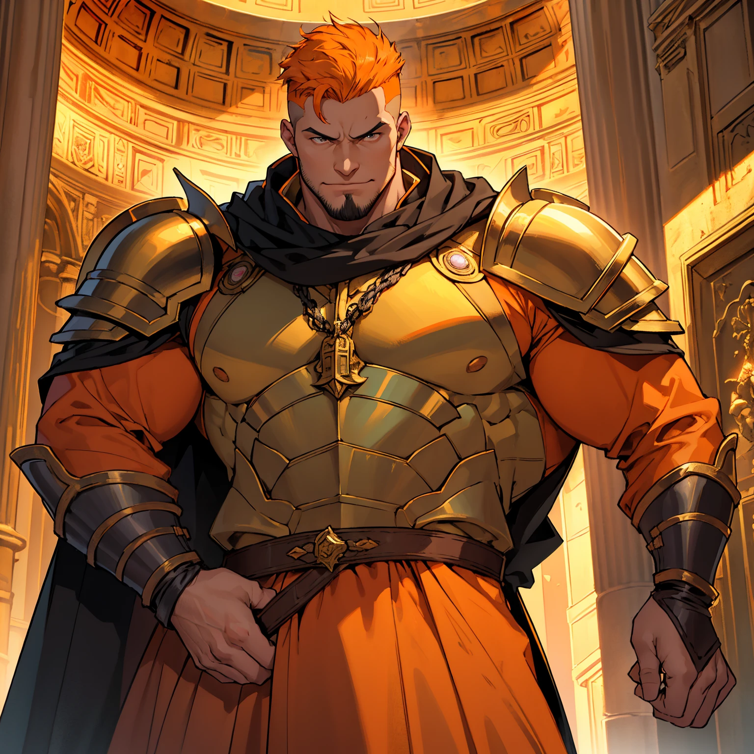 masterpiece, Best quality at best, 4K, Background with:Lava flowing inside the Pantheon, Skin fade men's hair,(orange colors), big young man......., humorous expression, knights of seville,Yellow level armor, long coat of black color