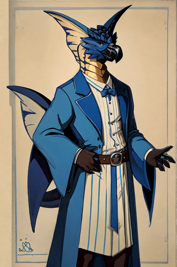 A Legiana as a German official posing for a portrait, white-blue uniform, clawed fingers, 4 fingers, 1900s photograph, long coat, open coat, blue outlining, padded fingers, golden-blue belt, tail,