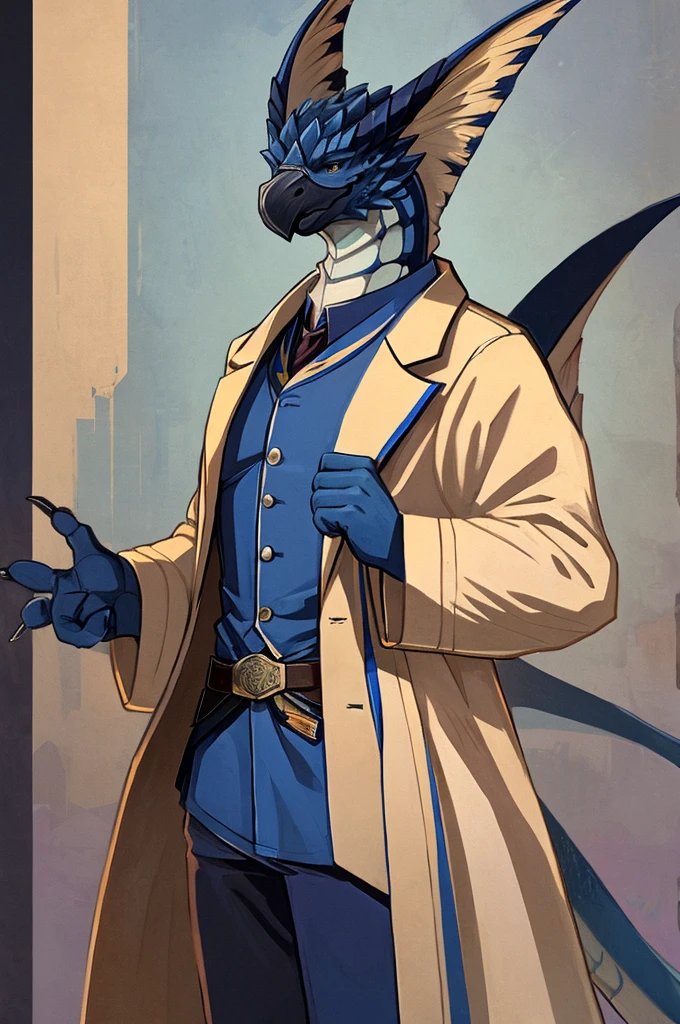 A Legiana as a German official posing for a portrait, white-blue uniform, clawed fingers, 4 fingers, 1900s photograph, long coat, open coat, blue outlining, padded fingers, golden-blue belt, tail,