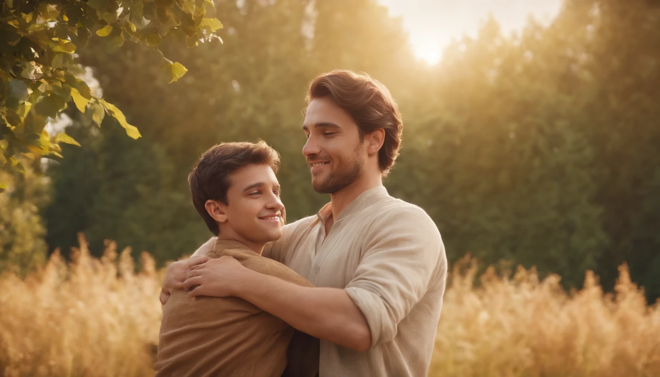 a cartoon of biblical dressed age boy happily hugging his father in heaven, a very beautiful background with beautiful tress, lions and tigers moving in the back, animated film, 3 d animated movie, animated still, animated movie,  3D, 3D, 3d rendering stylized, 3 d character render, (best quality) (8k) (Cinematic lighting)