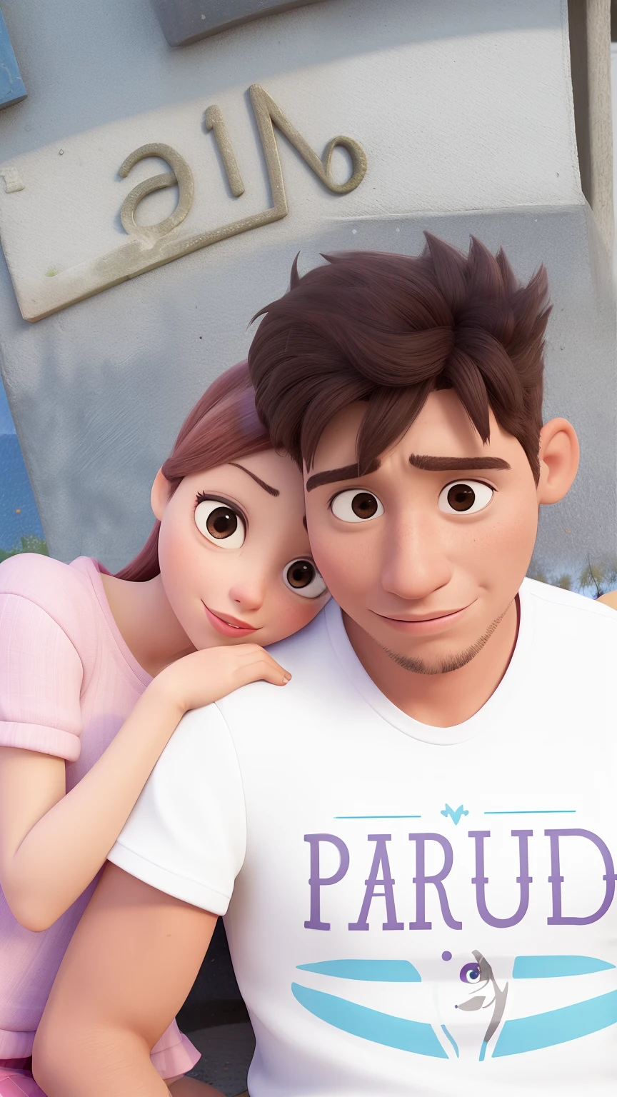 Realistic, Image of a male and female couple、Disneyland in the background、Angle from behind、The neon lights are beautiful、Arms crossed、Stylish clothes、The man has fluorescent writing on the back of his clothes..、For women, The back of the garment is fluorescentＡContains characters、British punk rock style、Make the text on the back stand out、(((((Male and female couple)))))