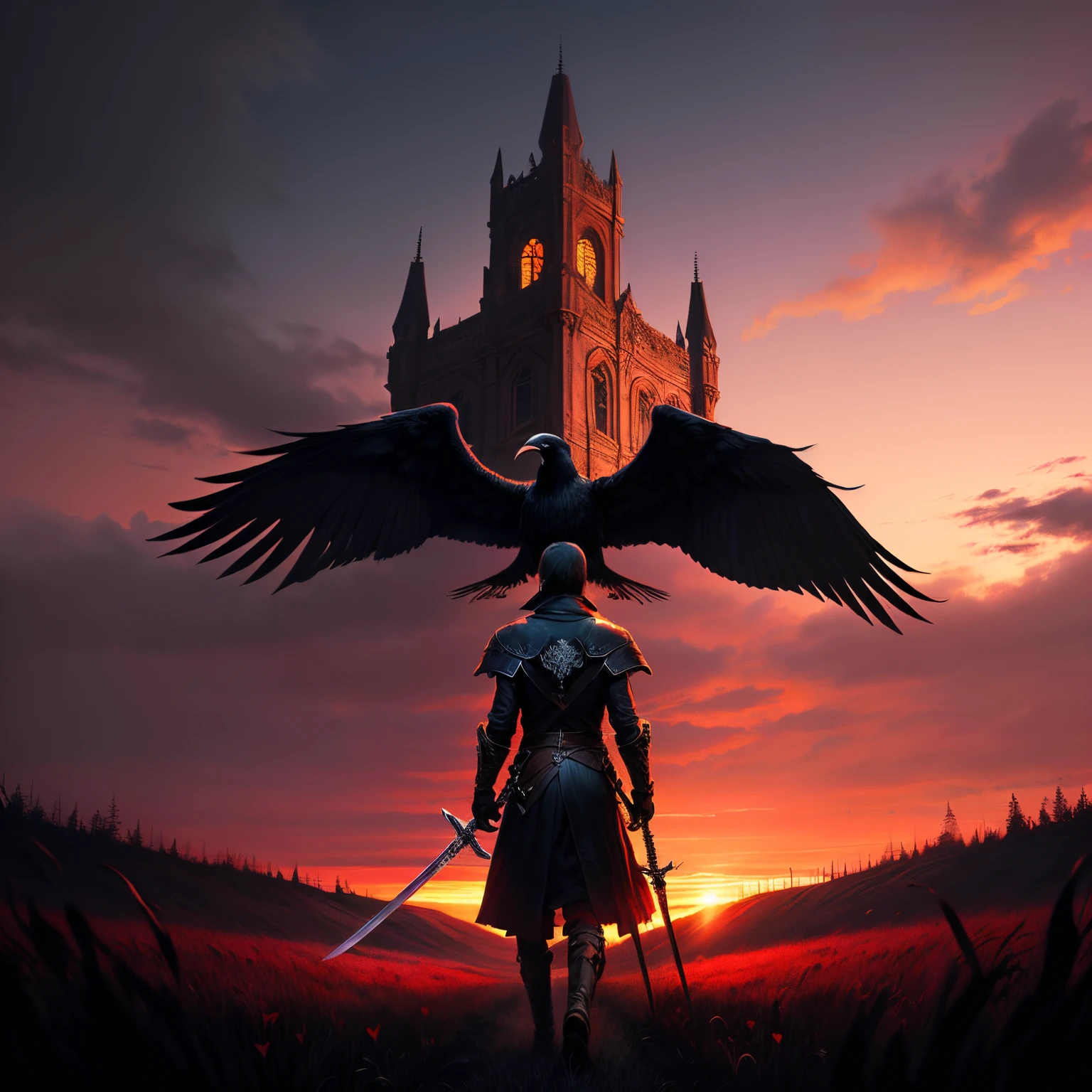 Dark gothic style field with hearts and swords red sky and ravens