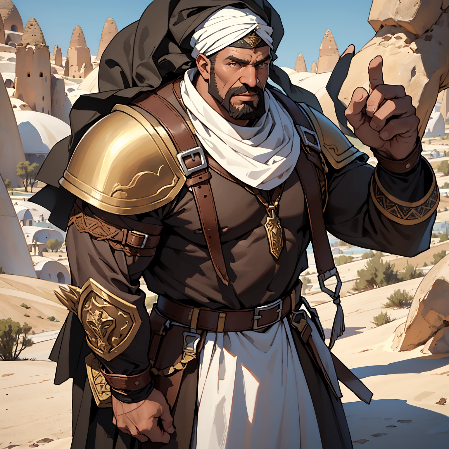 masterpiece, Best quality at best, 4K, The is very detailed, Background with:The desert of medieval Cappadocia, Warrior wearing leather armor and white turban, very tall middle aged black man,brown hair