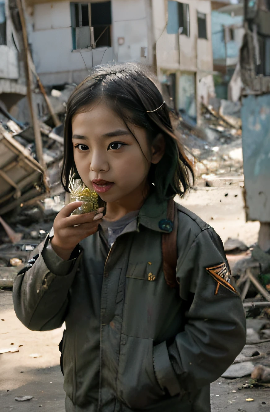 Asian children eat amid war ruins,war village background