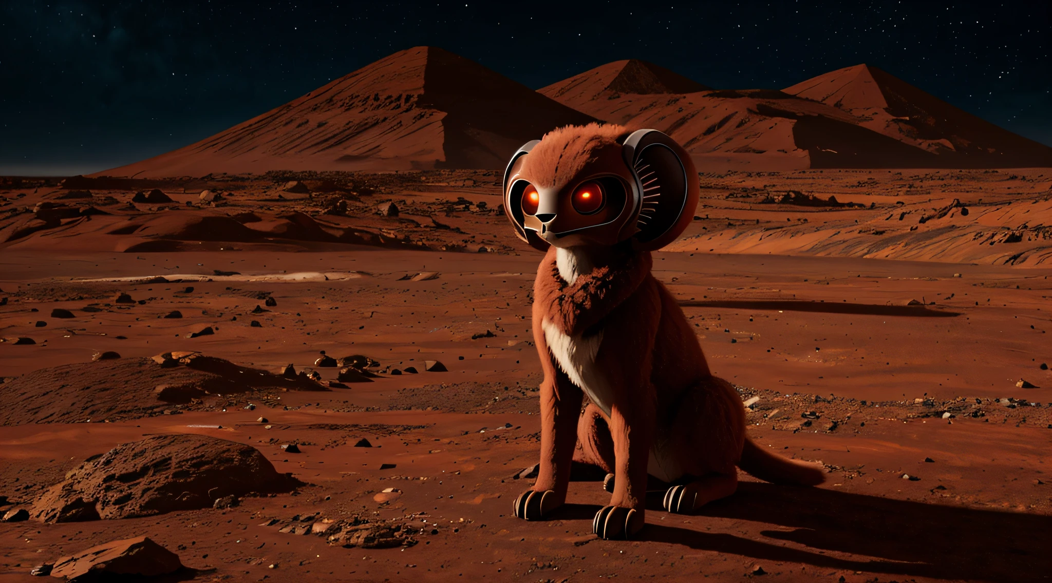 A furry alien animal on a red and dusty planet