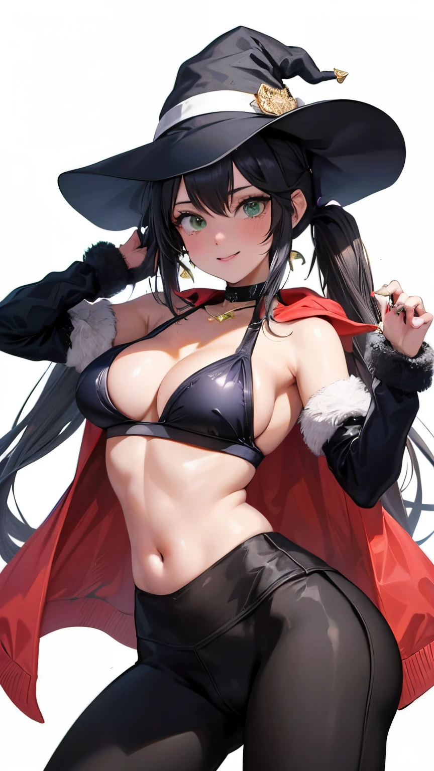 outfit-stretching, yoga pants, 1girl, twintails, long hair, witch hat, pantyhose,gloves, black hair, choker, jewelry, cape, gold trim, blue leotard,earrings, detached sleeves, star (symbol), hat ornament, green eyes, fur collar, parkle print, sorriso sexy, peitos medios, sorriso sexy, (alta qualidade, 8k, obra prima, qualidade ultra, extremamente detalhado, bem colorido, no blurries, foco absoluto, impeccable quality) 1girl, highleg panties, hooded jacket, open jacket, hands, bikini, best quality, highly detailed