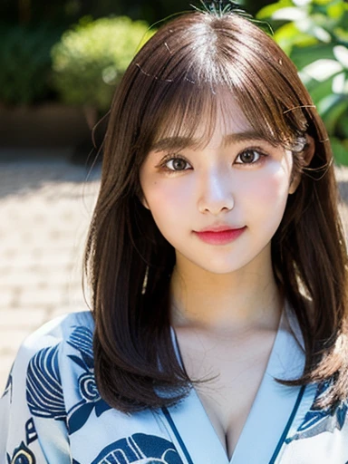 (masterpiece, best quality, photo realistic, official art:1.4), (UHD, 8K quality wallpaper, High resolution, raw photo, film grain:1.2), (shiny skin), professional lighting, physically-based rendering, Award-winning, highly detailed skin, (extremely detailed face and eyes, clear pupils), Carl Zeiss 85 mm F/1.4, depth of field, BREAK, 1girl, solo, kawaii 24-year-old Korean girl, (Nogizaka idol:0.7), (Korean idol:0.9), (glossy brown hair, fluffy medium hair, forehead:1.3), rounded face, single eyelid, (soft smiling, closed mouth:1.3), (wearing light blue yukata with red floral prints, obi:1.3), (well shaped medium breasts:0.7), (looking at viewer), BREAK, at a garden in a school, summer daytime, warm sunlight, (seductive posing, dynamic angle:1.3), breasts focus, upper body shot,