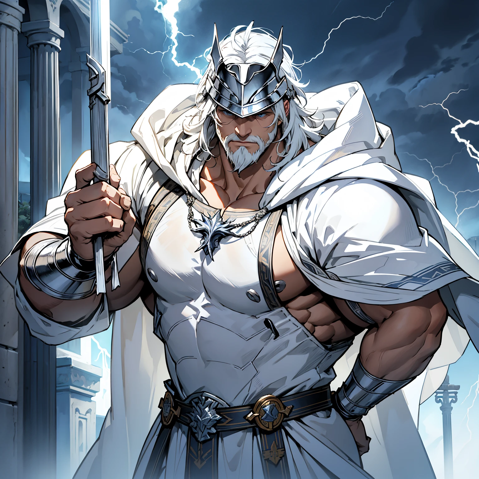 masterpiece, 4K, Big elderly knight in white metal helmet, Zeus style, White cloak, neat white hair,royal house, safe, thunderstorm, raiden, Background with: Temple of Zeus struck by lightning