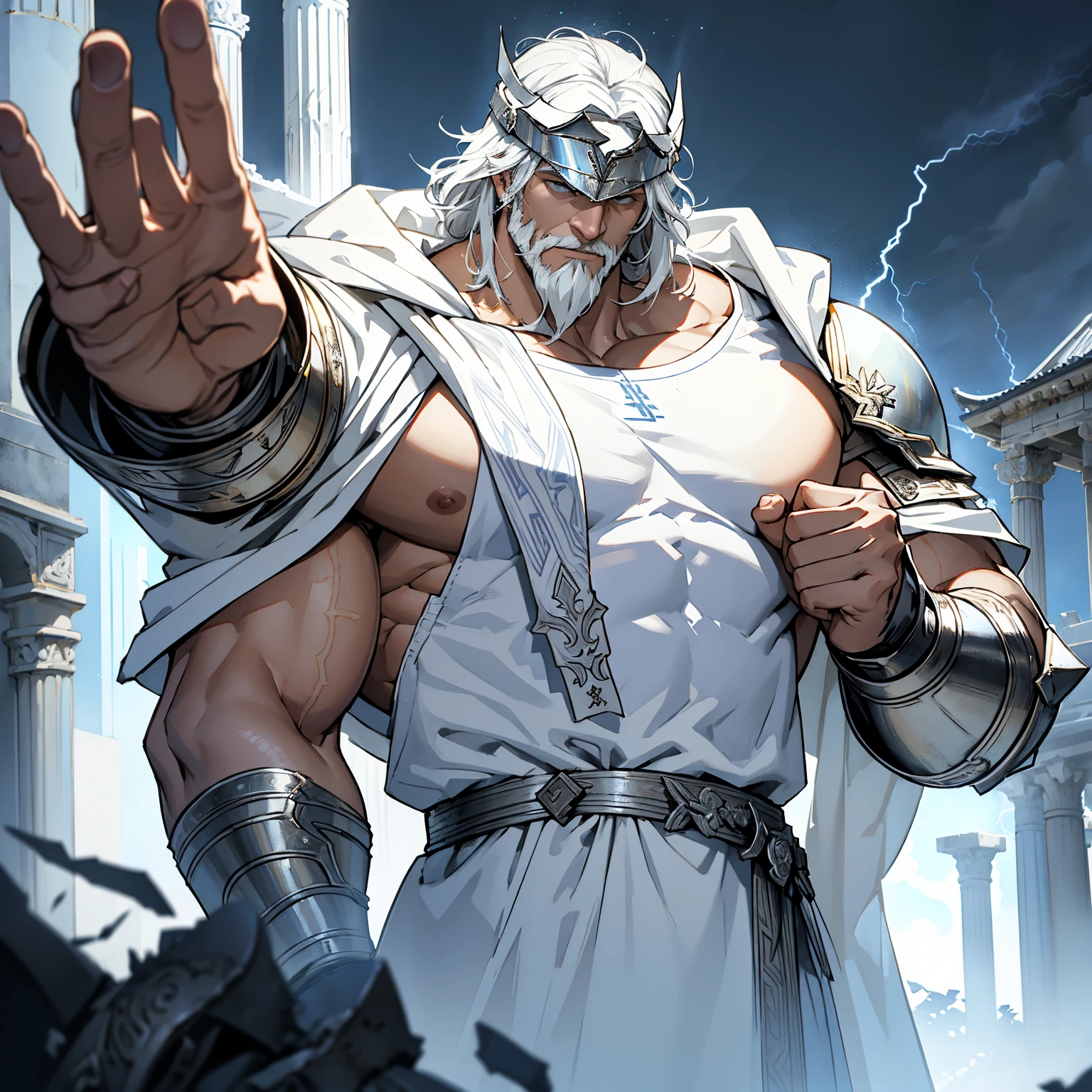 masterpiece, 4K, Big elderly knight in white metal helmet, Zeus style, White cloak, neat white hair,royal house, safe, thunderstorm, raiden, Background with: Temple of Zeus struck by lightning