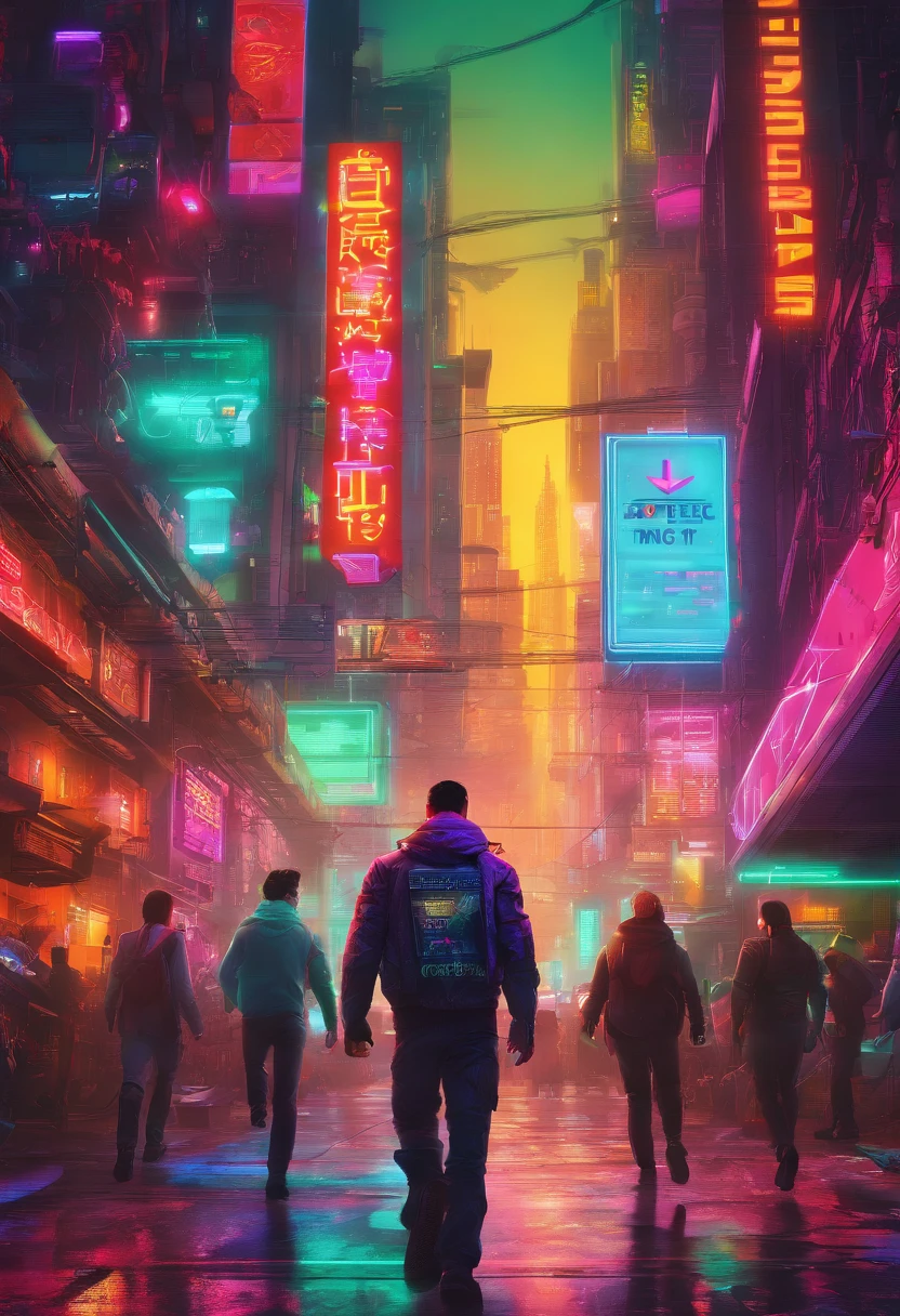 Cyberbap style. A Facebook superhero is running and holding a gift that glows and illuminates everything around him. The 30-year-old businessman has a smile on his face. And behind him, 3 people are running and catching up with him