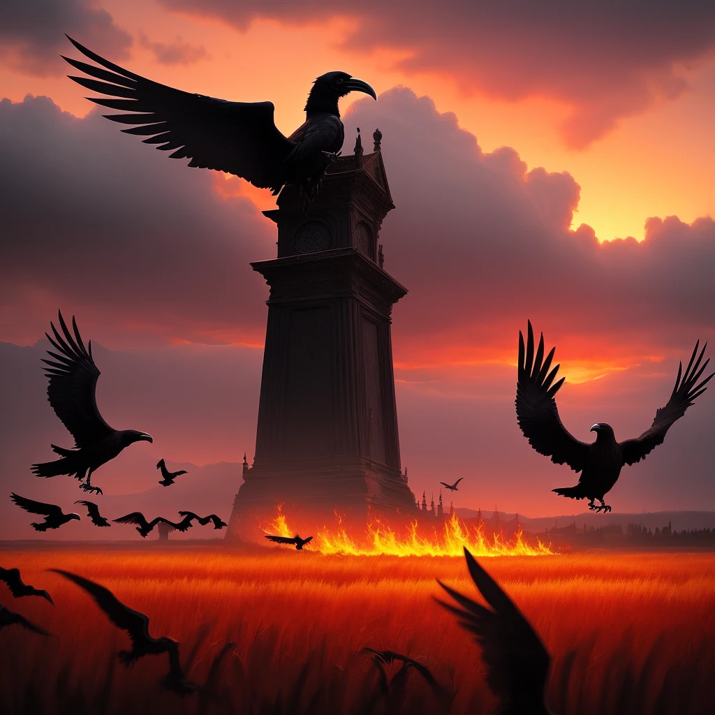 Gothic style, field with discarded swords and ravens, red sky, fire