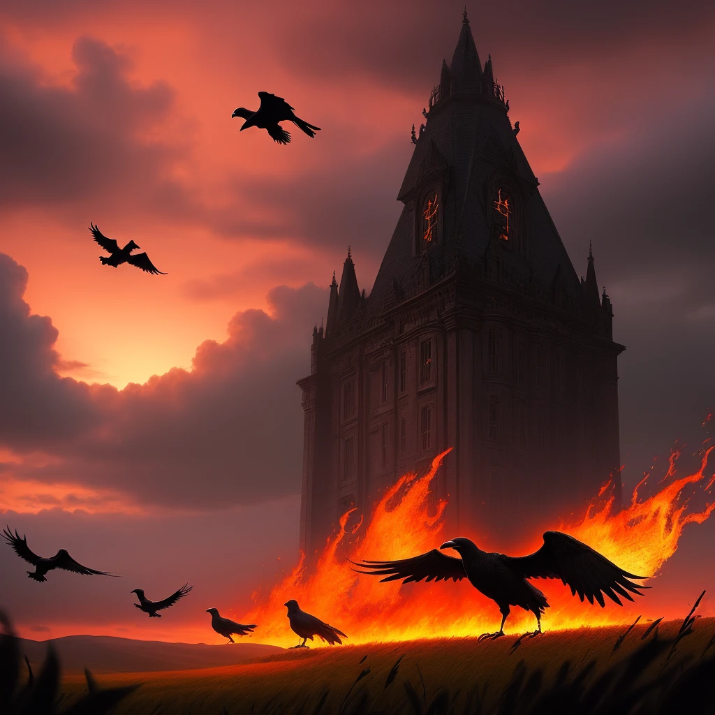 Gothic style, field with discarded swords and ravens, red sky, fire