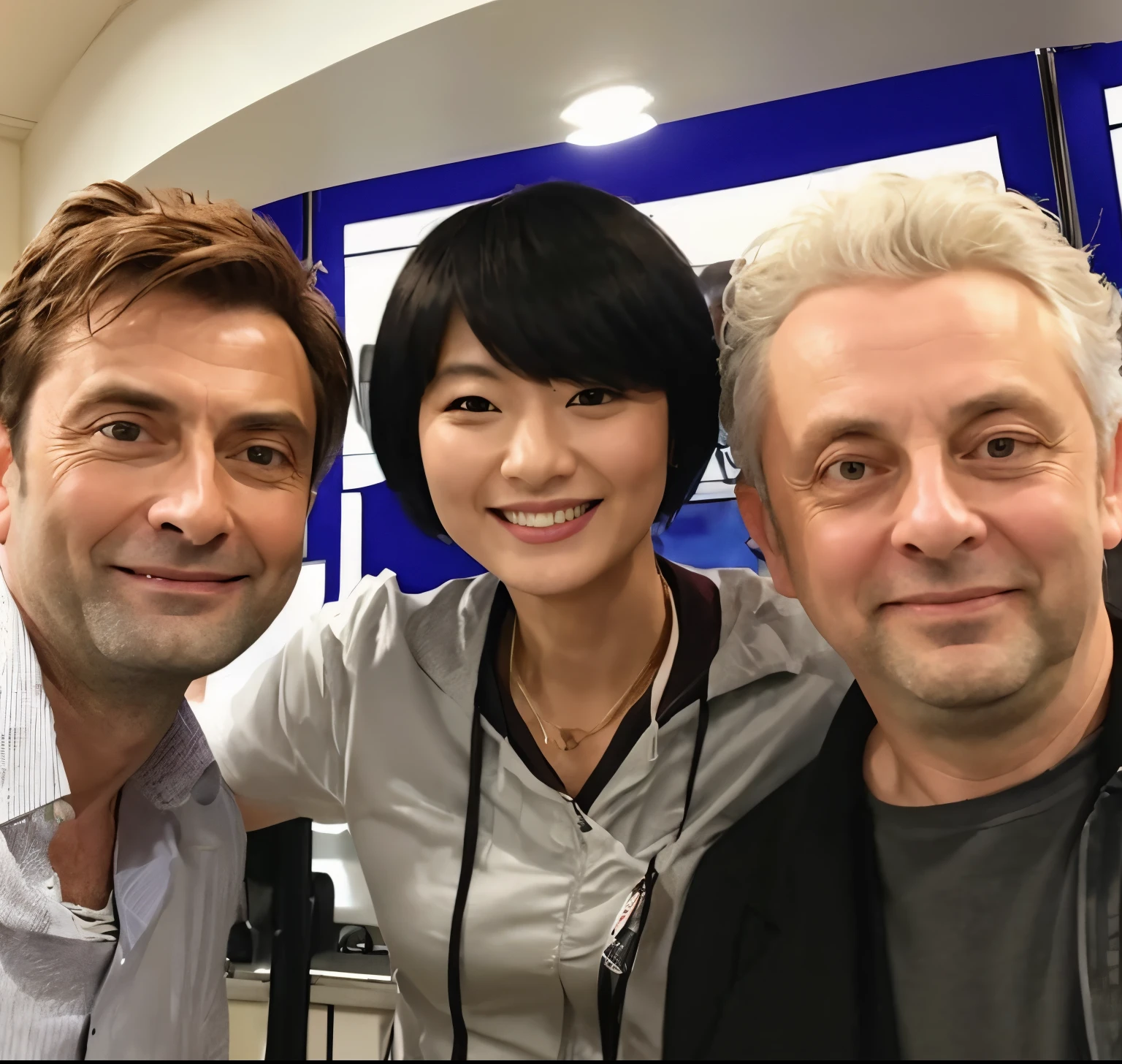 (Best quality, 8k, 32k, Masterpiece, UHD:1.2) "Generate an art scene featuring a well-known celebrities "David Tennant and Michael Sheen" posing with a Japanese fan for a selfie. Show the celebrity and the fan in a joyful and friendly interaction, capturing a candid moment of connection and excitement. Portray the celebrity with their recognizable features and the fan displaying enthusiasm and admiration. Ensure the setting reflects a casual yet vibrant environment, possibly with hints of a crowded event or a bustling backdrop that complements the celebratory atmosphere. Emphasize the genuine and happy expressions of both the celebrity and the fan, creating a heartwarming scene of connection and fandom."