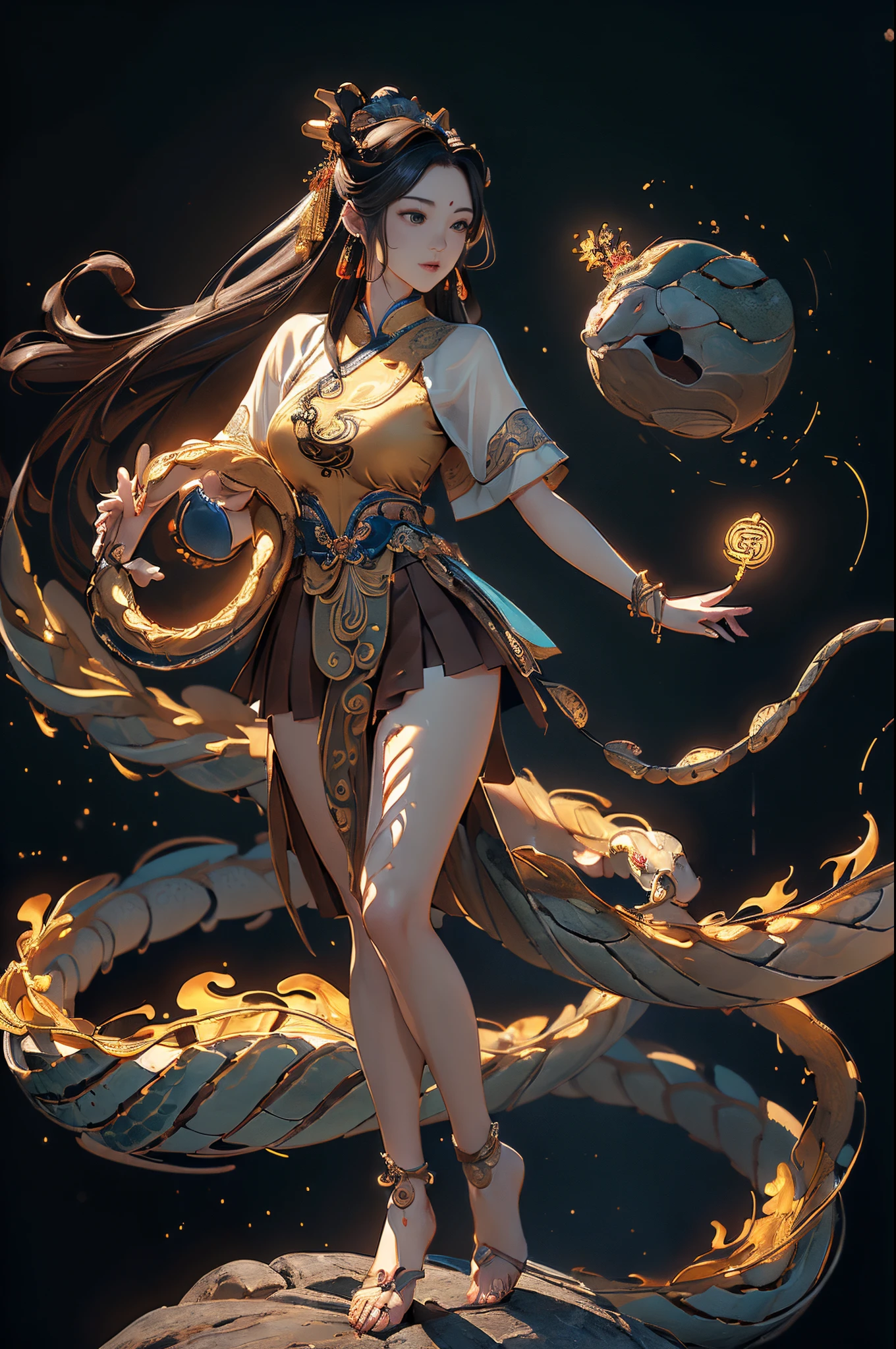 ((Sculpture design)),((full body portrait of person)),((undying)),((tmasterpiece)),(entire body image:1.6,Full body photo:1.6,From the feet to the top of the head:1.6),【Create a logo based on:1female,Nu wa(Creation goddess in Chinese mythology,goddess with human body and snake tail:1.6),(Replace legs with snake tails:1.6),(Chinese mythology),(45 yers old,A MILF,熟妇,mature,gentleness,wisdom,Goddess wind),(Long brown hair:1.4),big earrings,long skirt,Dunhuang skirt,((intricate headpiece)),((symbol of god)),】,((dynamicposes)),((Fluttering skirt)),(Computer graphic arts:1.4), (s fractal art: 1.3),(( Best quality at best,32K,Highest high resolution,hyper HD,)), (( Professional Quality,Perfect photography, ray traycing, perfect volumetric lighting, hight quality octane render, High quality vectors)), ((Complicated details,hyper-detailing:1.2,Intricate details:1.2)), ((Ultra photo realsisim,photorealestic,3Drenderingof)),(Epic work:1.4,ultra-realistic realism:1.6),(Blind box toy style:1.6),((simple backgound,deep dark background:1.2,with black background)),详细的脸, 詳細な目,Clean skin,(correct hand:1.6),(Complete and beautiful five fingers:1.6),(Anatomically correct head-to-body proportions:1.5),(Anatomically correct perspective and occlusion:1.5),(Correct anatomy:1.5),(Add a base:1.6),(Complex thick base:1.6),(2-layer base:1.6),((Rock base:1.4)),(The character is centered:1.4),((in the middle of the frame)),