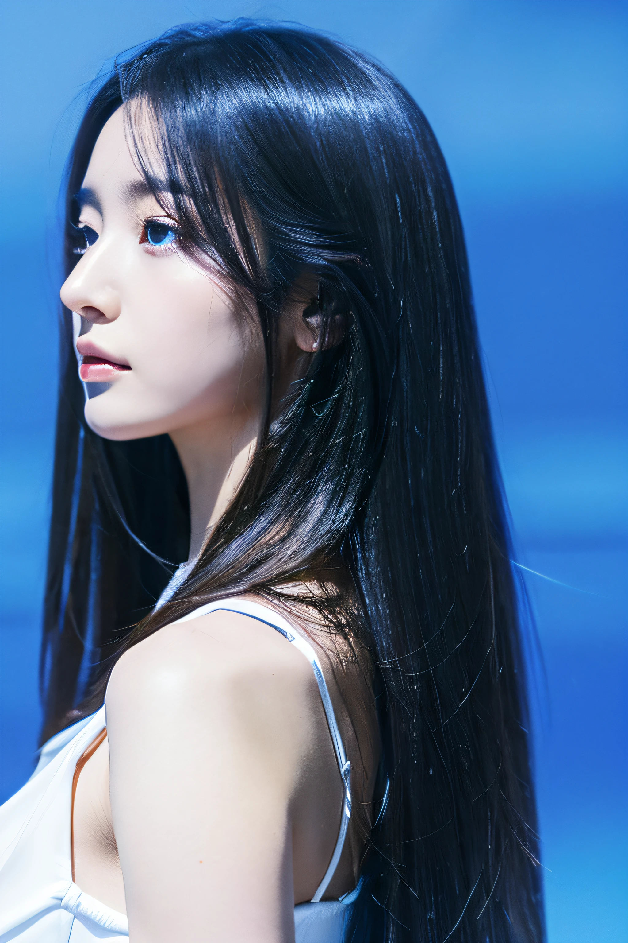 asterpiece, Best Quality, 1girl in, Profile face, a stunning face, Blue background, Blurry, blown eyes, Long hair, Upper body,Transparency,Elegant,Double eyelids